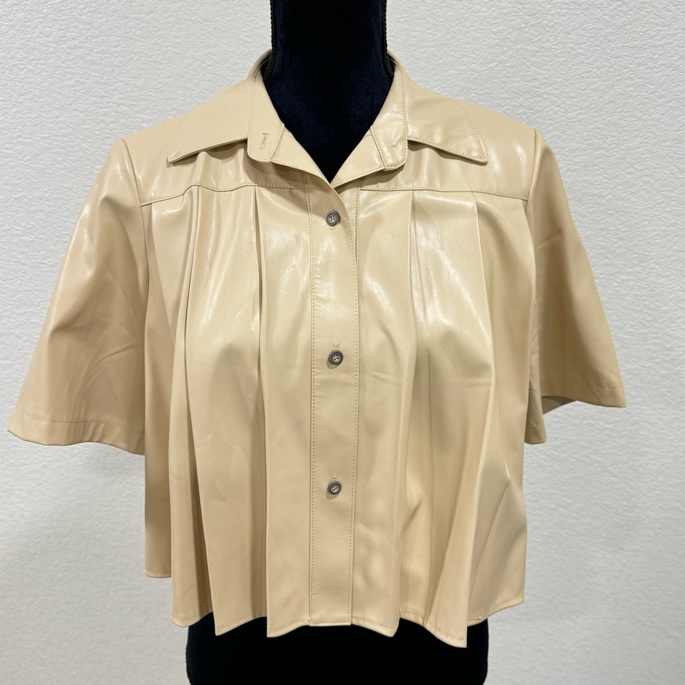 Anthropologie Maeve Pleated Vegan Leather Short Sleeve Shirt